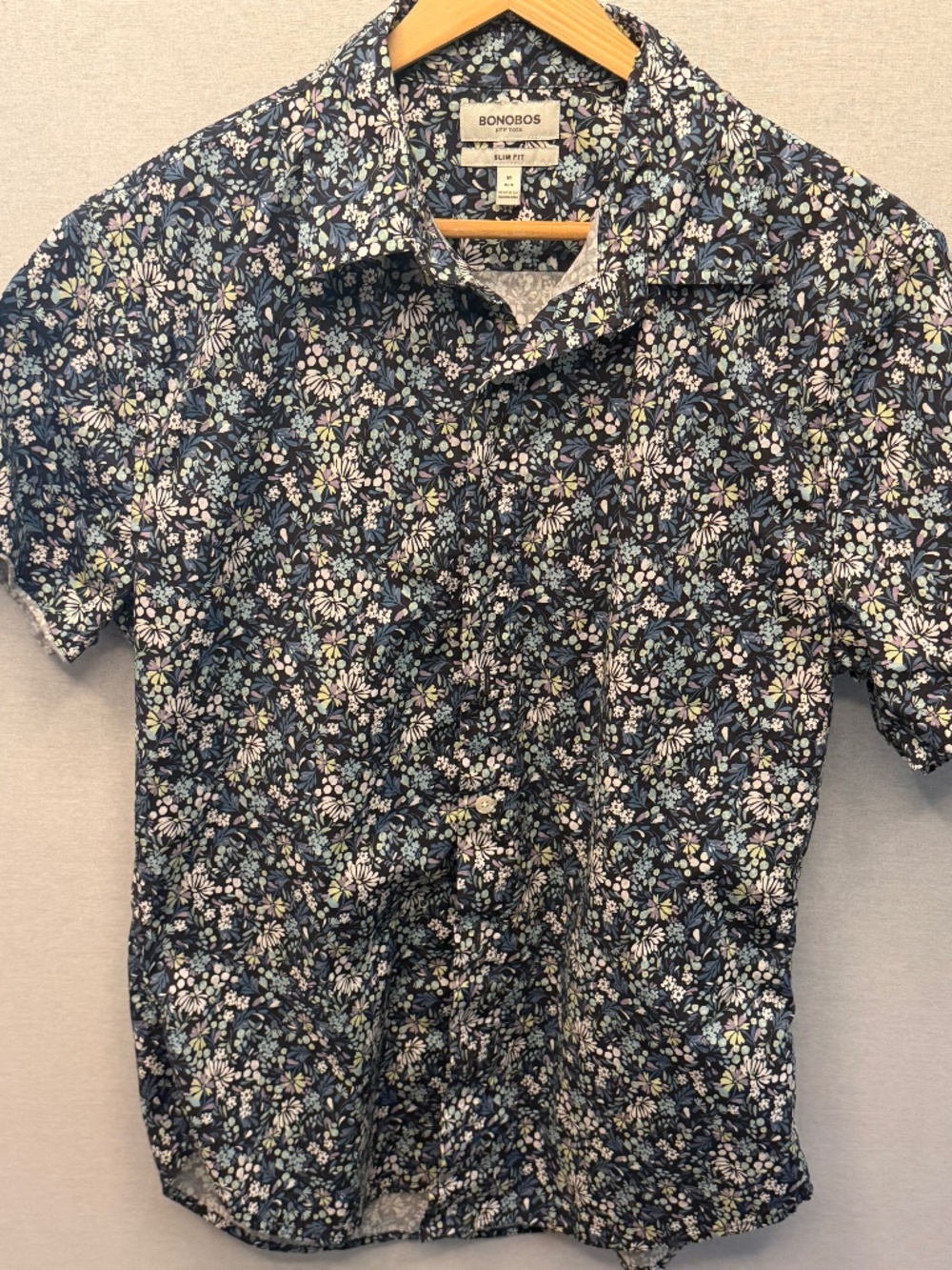 Bonobos Men’s Medium Slim Fit Floral Short Sleeve Button Down Shirt Navy